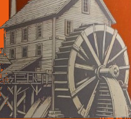 Line drawing of the feed mill and water wheel