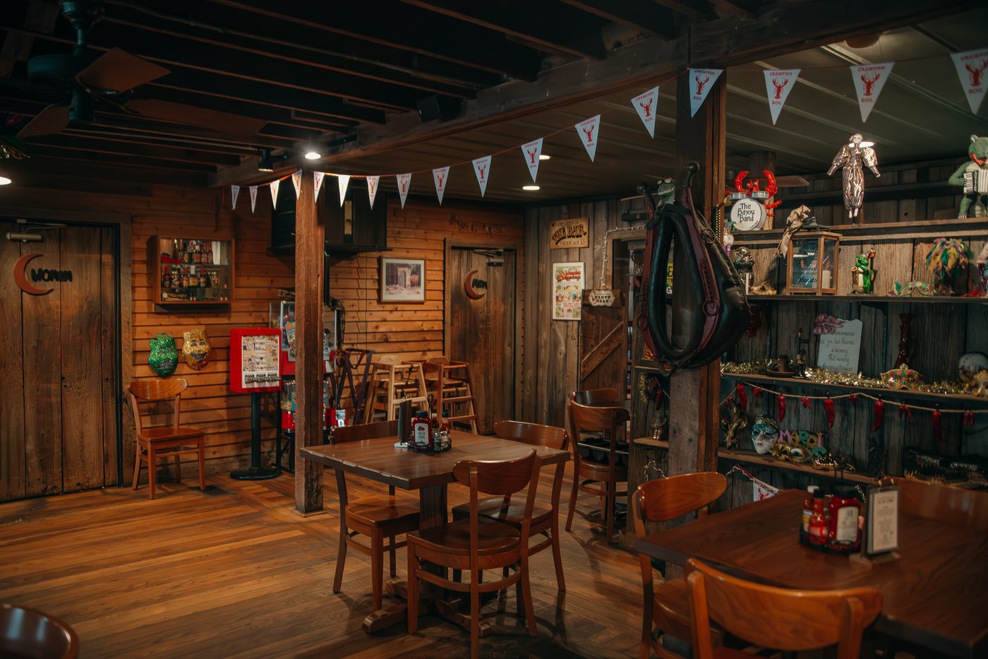 The dining room with crawfish boil bunting